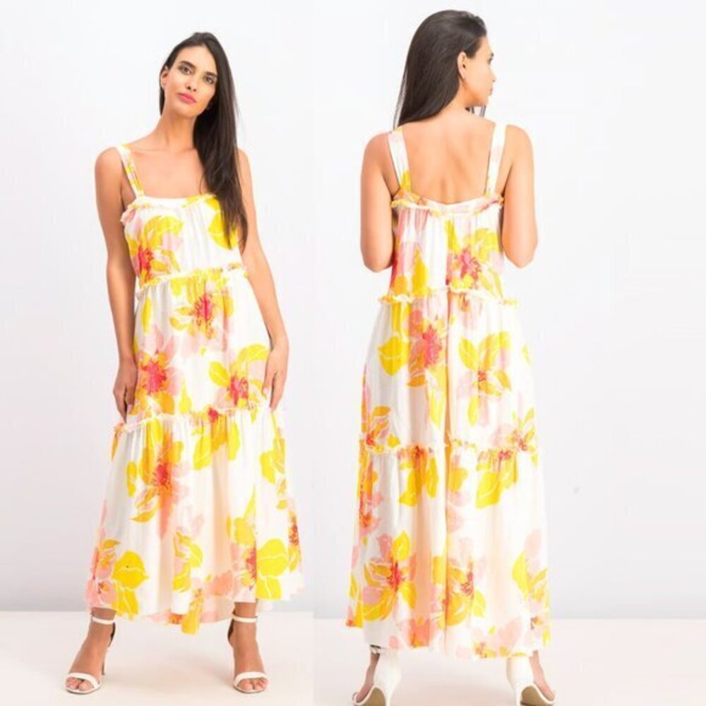 Free People Women's Moonshine Linen Blend Floral Midi Dress Neutral Boho Size M - Picture 10 of 10